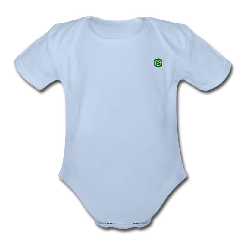 Organic Short Sleeve Baby Bodysuit  WITH  GREEN  LOGO - sky