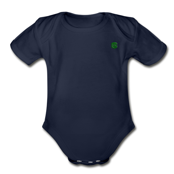 Organic Short Sleeve Baby Bodysuit  WITH  GREEN  LOGO - dark navy