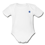 Organic Short Sleeve Baby Bodysuit  WITH BLUE  LOGO - white