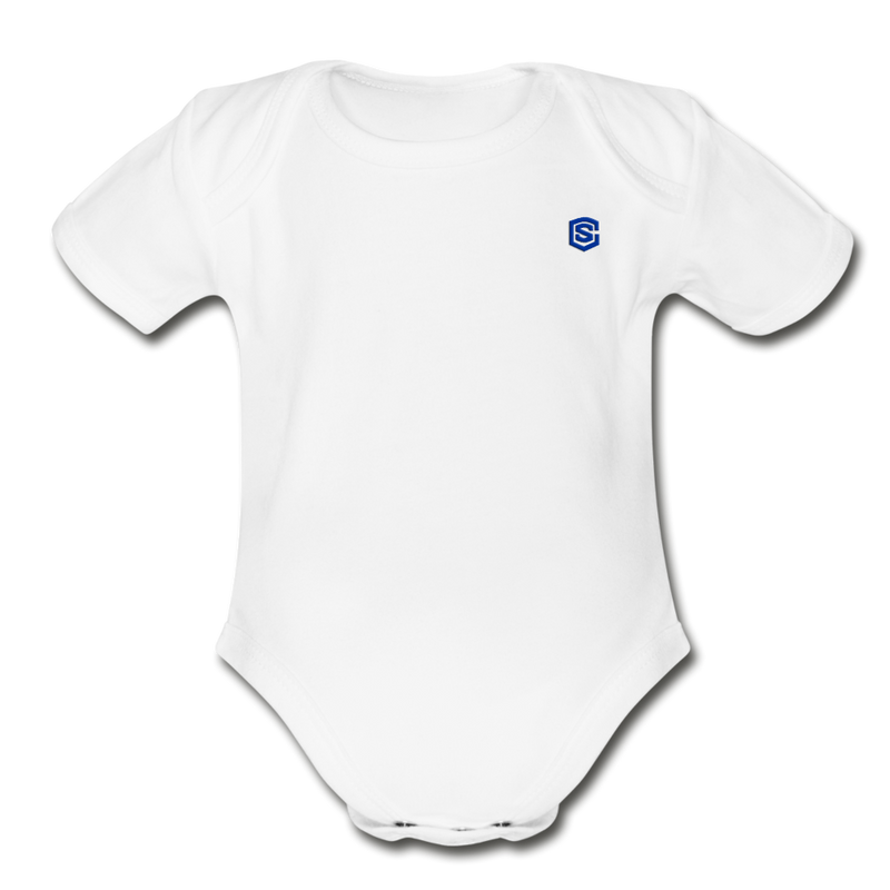 Organic Short Sleeve Baby Bodysuit  WITH BLUE  LOGO - white