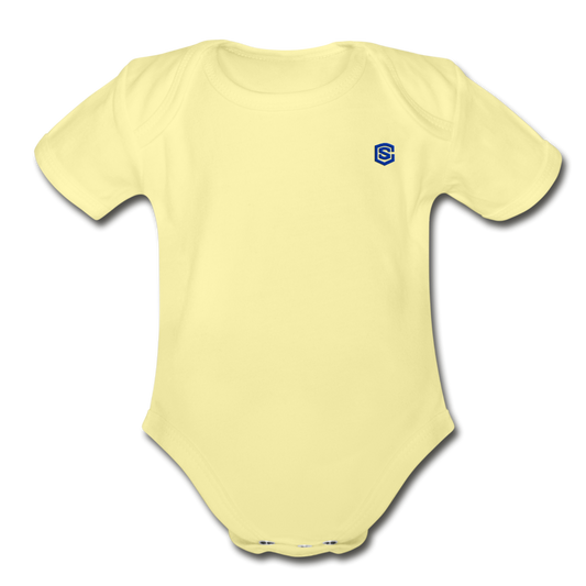 Organic Short Sleeve Baby Bodysuit  WITH BLUE  LOGO - washed yellow