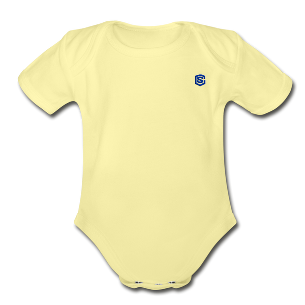 Organic Short Sleeve Baby Bodysuit  WITH BLUE  LOGO - washed yellow