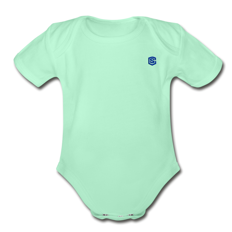 Organic Short Sleeve Baby Bodysuit  WITH BLUE  LOGO - light mint