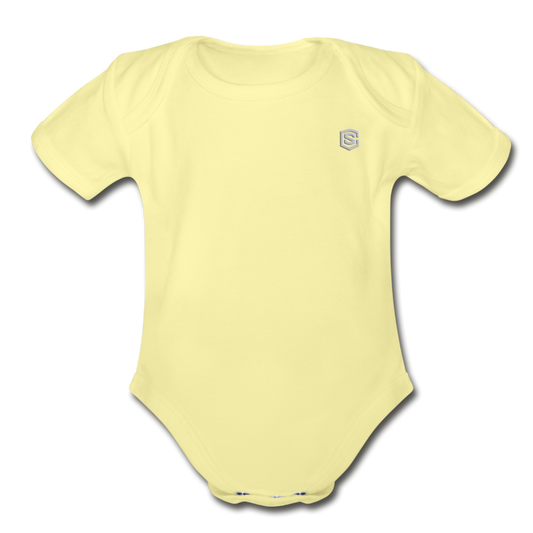 Organic Short Sleeve Baby Bodysuit  WITH  SILIVER LOGO - washed yellow