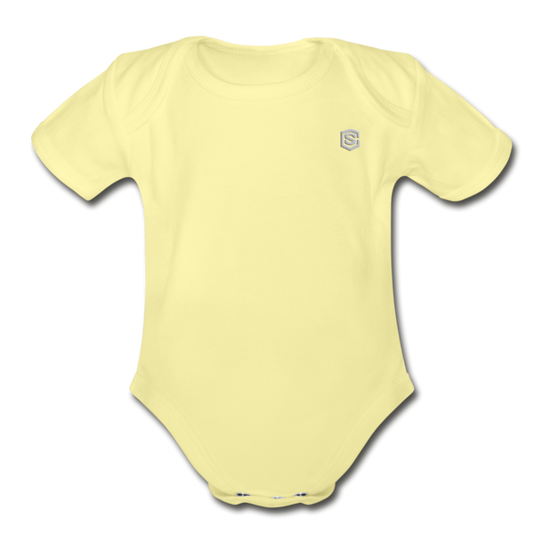 Organic Short Sleeve Baby Bodysuit  WITH  SILIVER LOGO - washed yellow