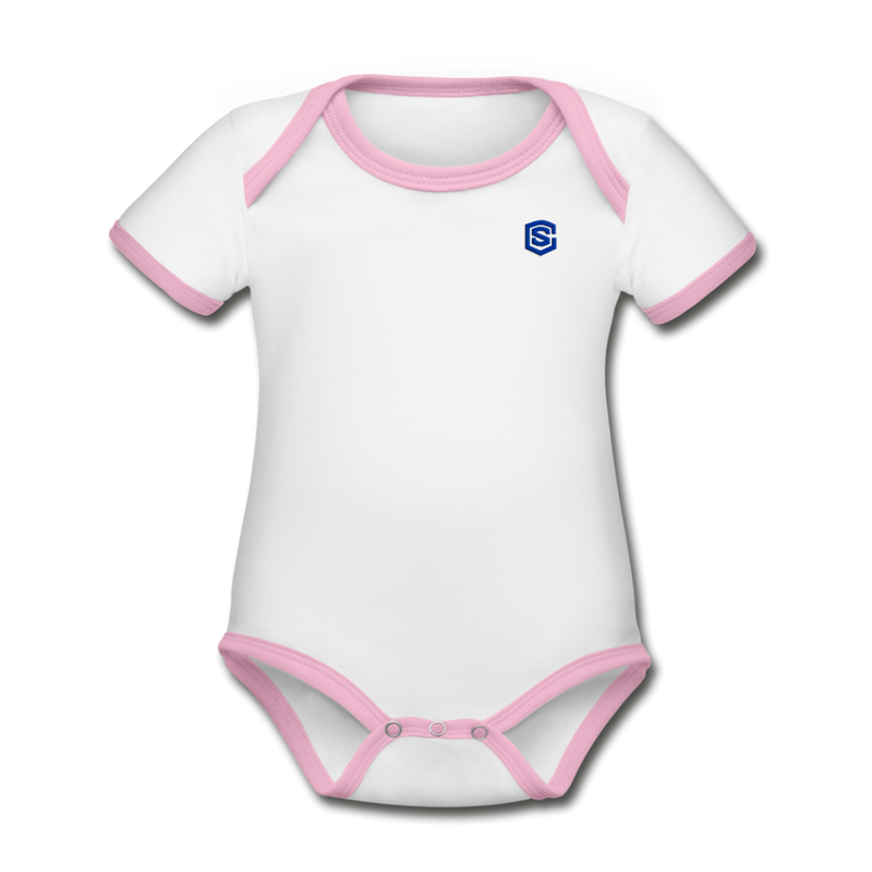 Organic Contrast Short Sleeve Baby Bodysuit  WITH  BLUE LOGO - white/pink