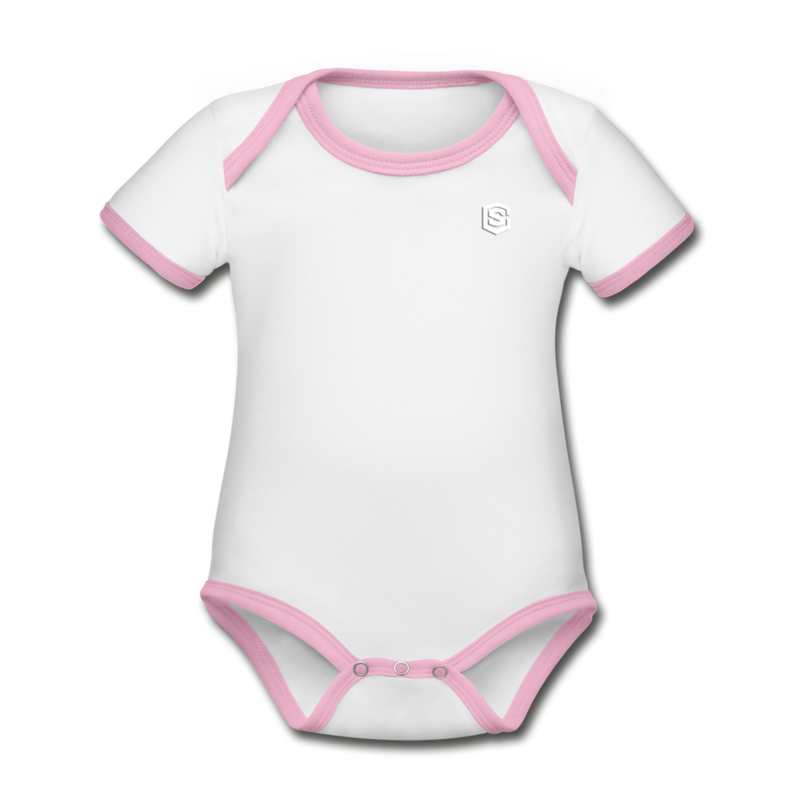 Organic Contrast Short Sleeve Baby Bodysuit  WITH  WHITE LOGO - white/pink