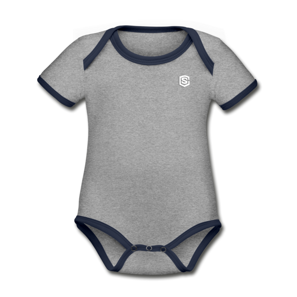 Organic Contrast Short Sleeve Baby Bodysuit  WITH  WHITE LOGO - heather gray/navy