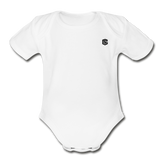 Organic Short Sleeve Baby Bodysuit  WITH BLACK  LOGO - white