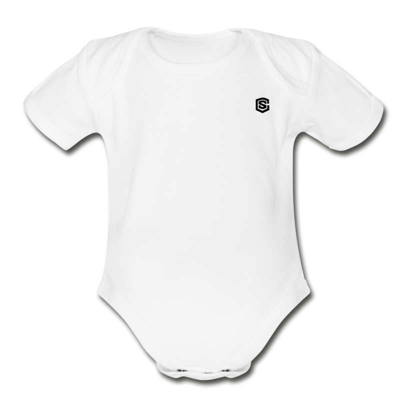 Organic Short Sleeve Baby Bodysuit  WITH BLACK  LOGO - white