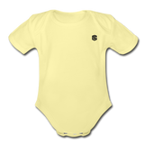 Organic Short Sleeve Baby Bodysuit  WITH BLACK  LOGO - washed yellow