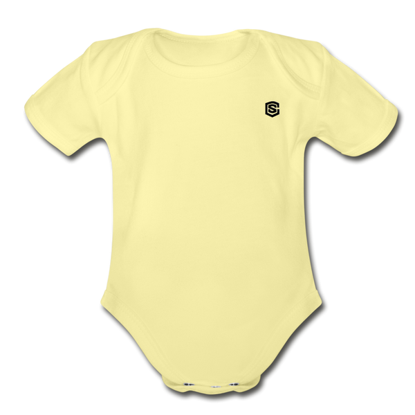 Organic Short Sleeve Baby Bodysuit  WITH BLACK  LOGO - washed yellow