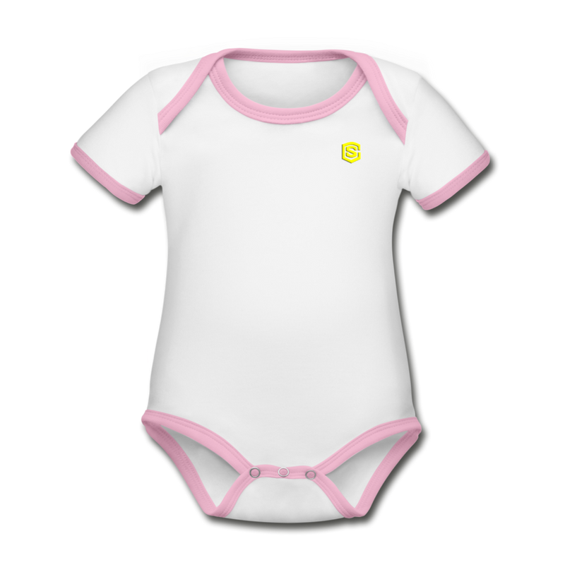 Organic Contrast Short Sleeve Baby Bodysuit  WITH YELLOW  LOGO - white/pink