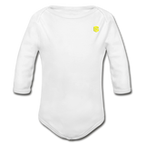 Organic Long Sleeve Baby Bodysuit  WITH  YELLOW LOGO - white