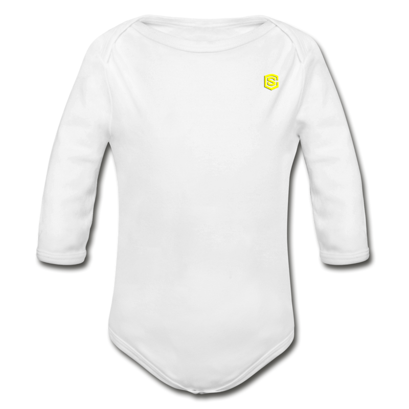 Organic Long Sleeve Baby Bodysuit  WITH  YELLOW LOGO - white