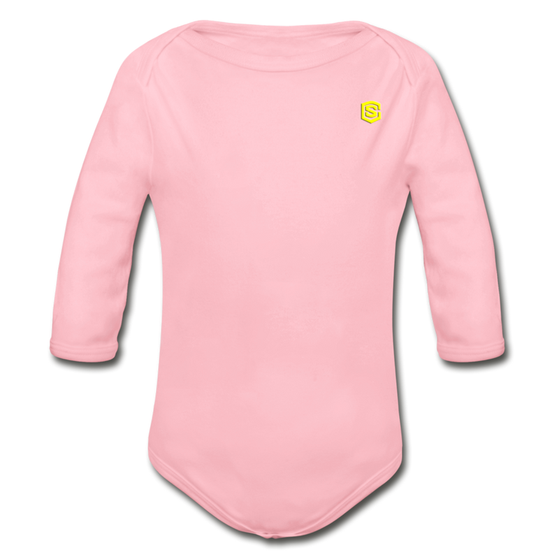 Organic Long Sleeve Baby Bodysuit  WITH  YELLOW LOGO - light pink