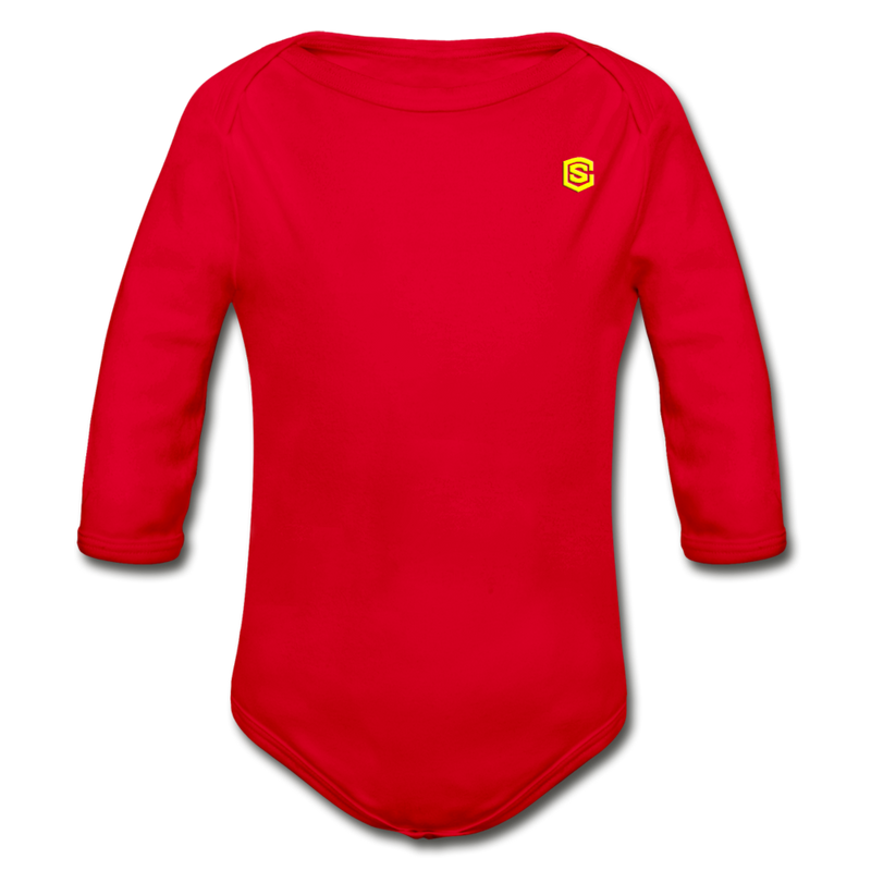 Organic Long Sleeve Baby Bodysuit  WITH  YELLOW LOGO - red