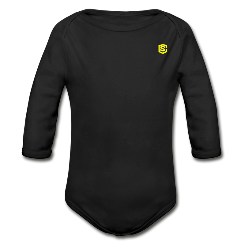 Organic Long Sleeve Baby Bodysuit  WITH  YELLOW LOGO - black