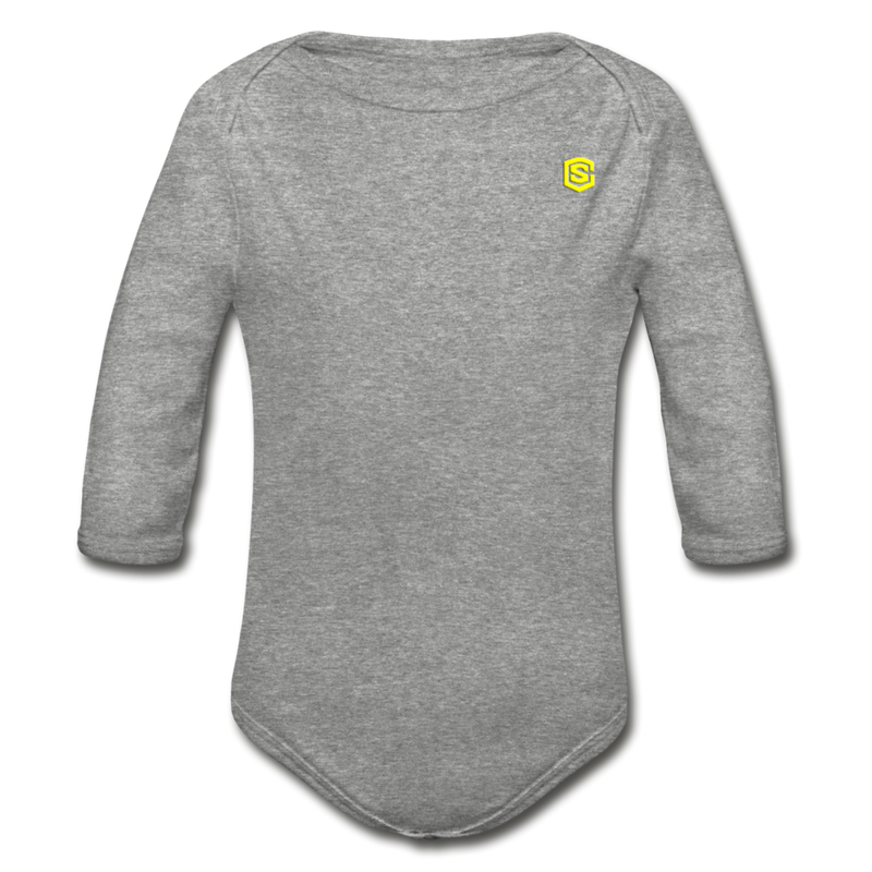 Organic Long Sleeve Baby Bodysuit  WITH  YELLOW LOGO - heather gray