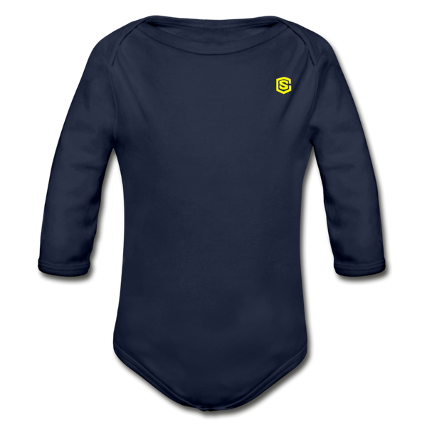 Organic Long Sleeve Baby Bodysuit  WITH  YELLOW LOGO - dark navy