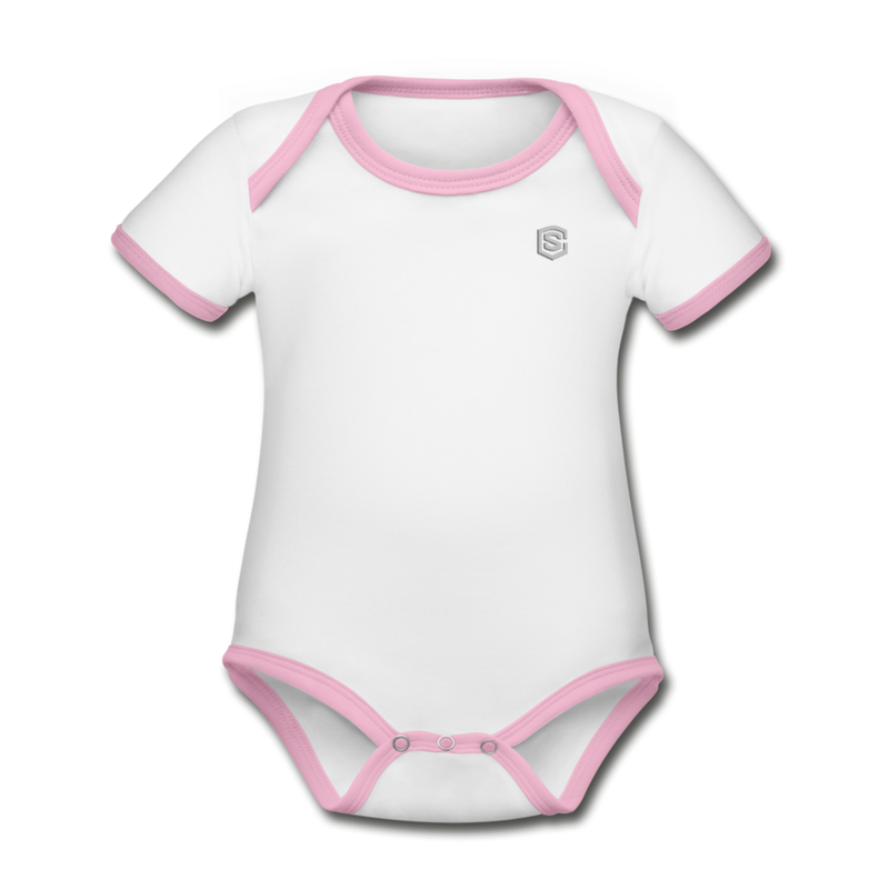 Organic Contrast Short Sleeve Baby Bodysuit  WITH  SILIVER LOGO - white/pink