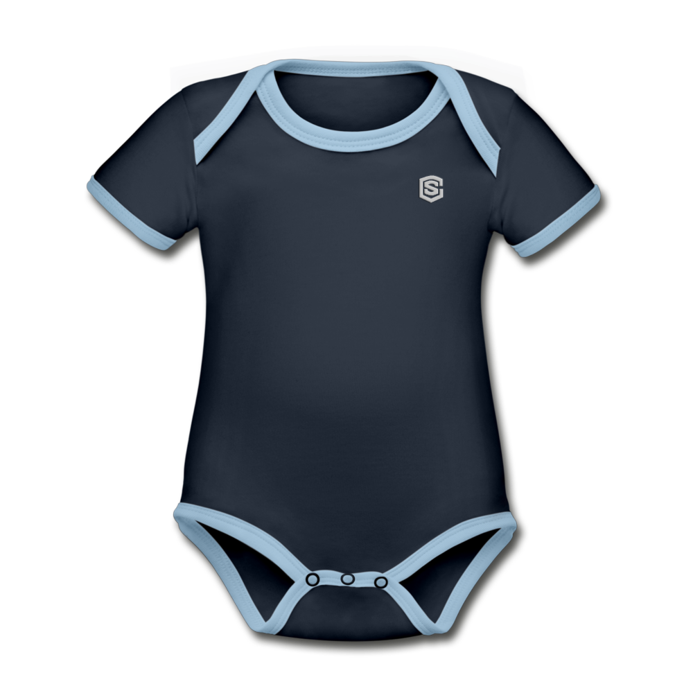 Organic Contrast Short Sleeve Baby Bodysuit  WITH  SILIVER LOGO - navy/sky