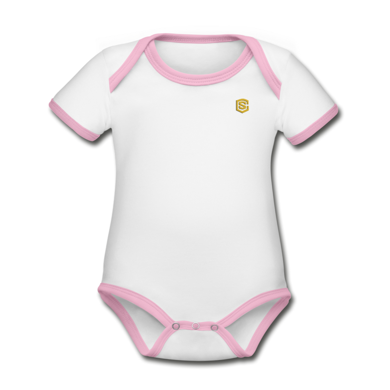 Organic Contrast Short Sleeve Baby Bodysuit  WITH GOLD  LOGO - white/pink