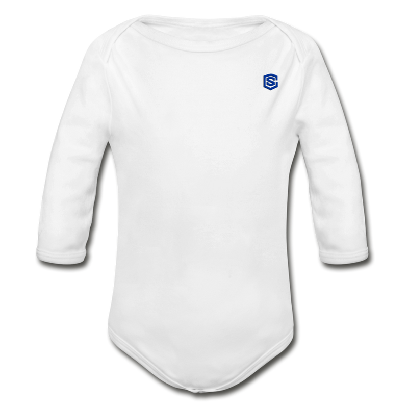 Organic Long Sleeve Baby Bodysuit   WITH BLUE  LOGO - white