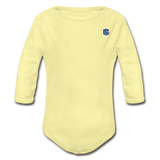 Organic Long Sleeve Baby Bodysuit   WITH BLUE  LOGO - washed yellow