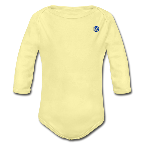 Organic Long Sleeve Baby Bodysuit   WITH BLUE  LOGO - washed yellow