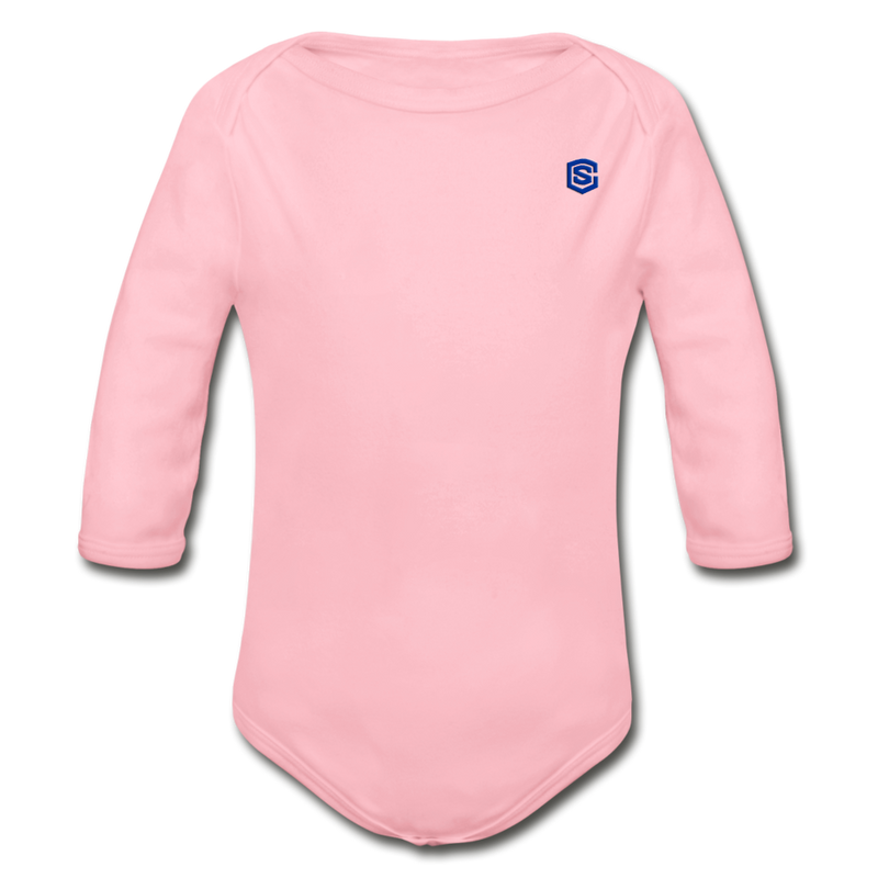 Organic Long Sleeve Baby Bodysuit   WITH BLUE  LOGO - light pink