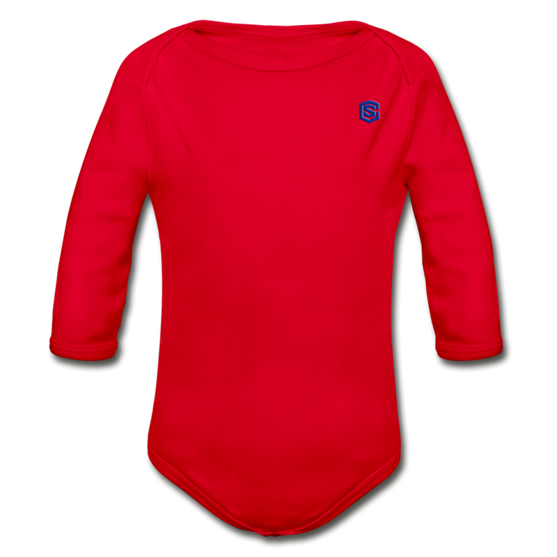 Organic Long Sleeve Baby Bodysuit   WITH BLUE  LOGO - red