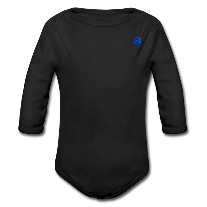 Organic Long Sleeve Baby Bodysuit   WITH BLUE  LOGO - black