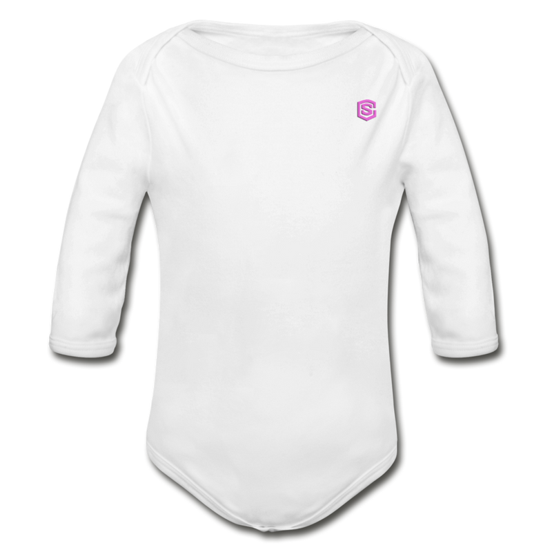 Organic Long Sleeve Baby Bodysuit  WITH  PINK LOGO - white