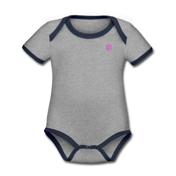 Organic Contrast Short Sleeve Baby Bodysuit  WITH PINK  LOGO - heather gray/navy