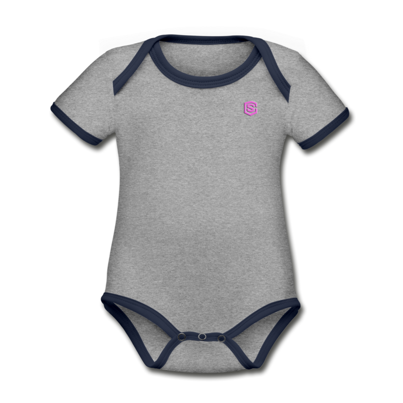 Organic Contrast Short Sleeve Baby Bodysuit  WITH PINK  LOGO - heather gray/navy