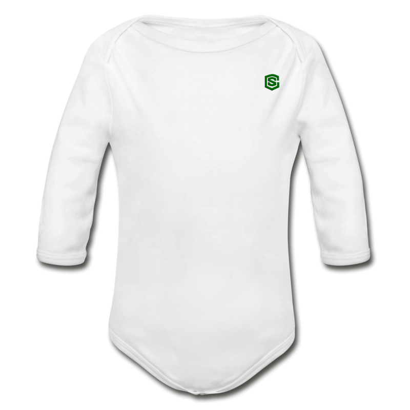 Organic Long Sleeve Baby Bodysuit  WITH  GREEN LOGO - white