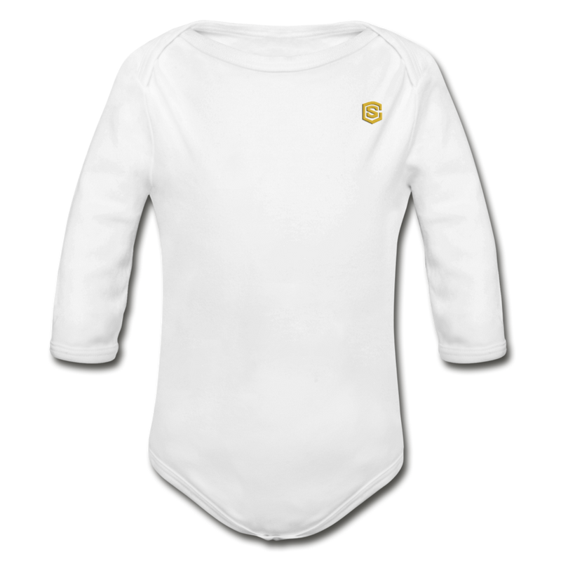 Organic Long Sleeve Baby Bodysuit  WITH  GOLD LOGO - white