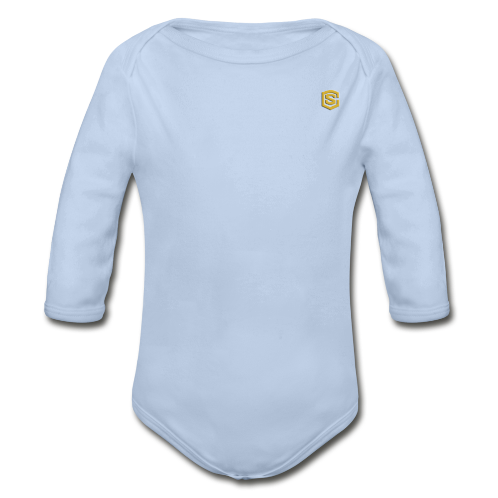 Organic Long Sleeve Baby Bodysuit  WITH  GOLD LOGO - sky