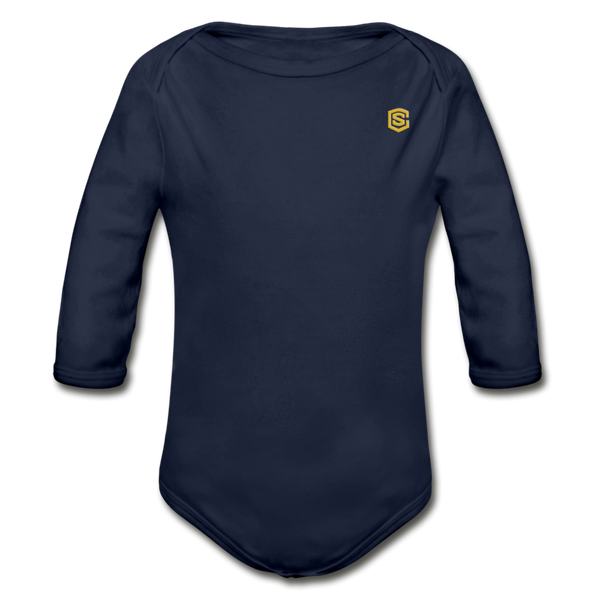 Organic Long Sleeve Baby Bodysuit  WITH  GOLD LOGO - dark navy