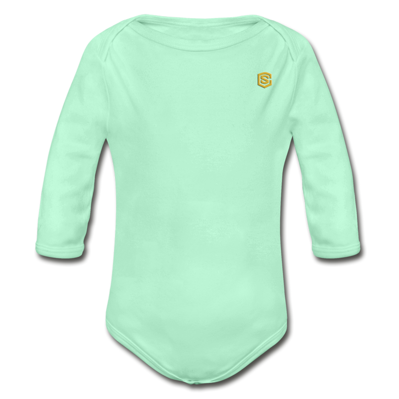 Organic Long Sleeve Baby Bodysuit  WITH  GOLD LOGO - light mint