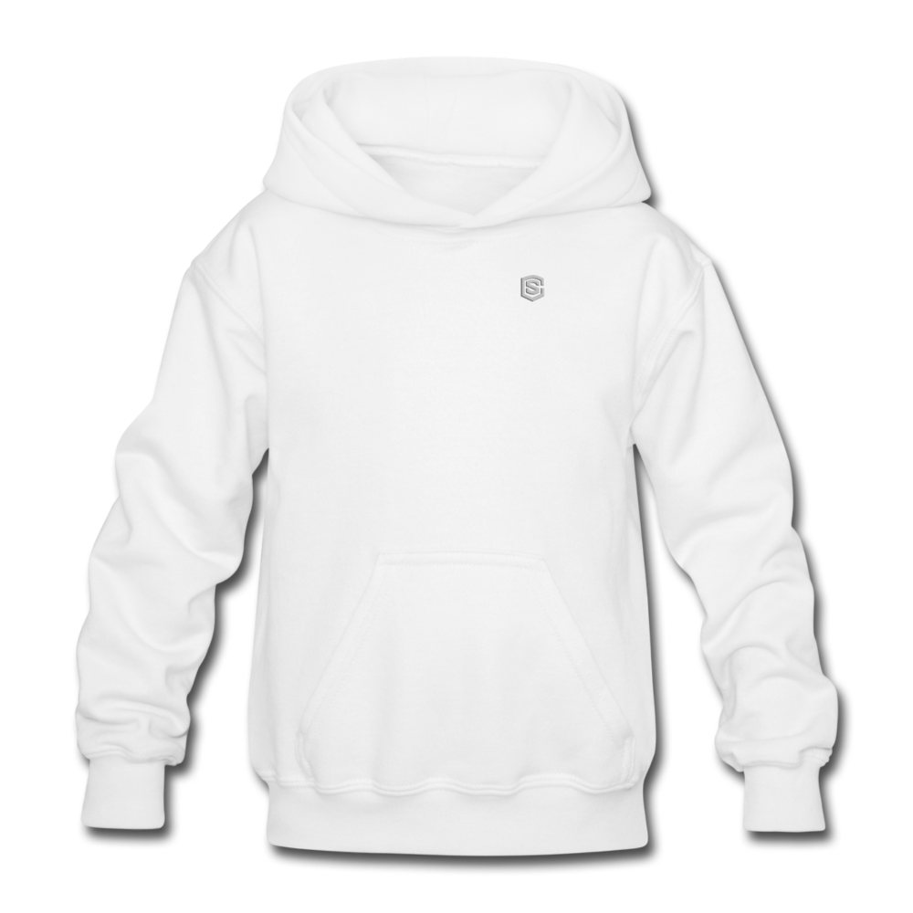 Gildan Heavy Blend Youth Hoodie  WITH SILIVER  LOGO - white