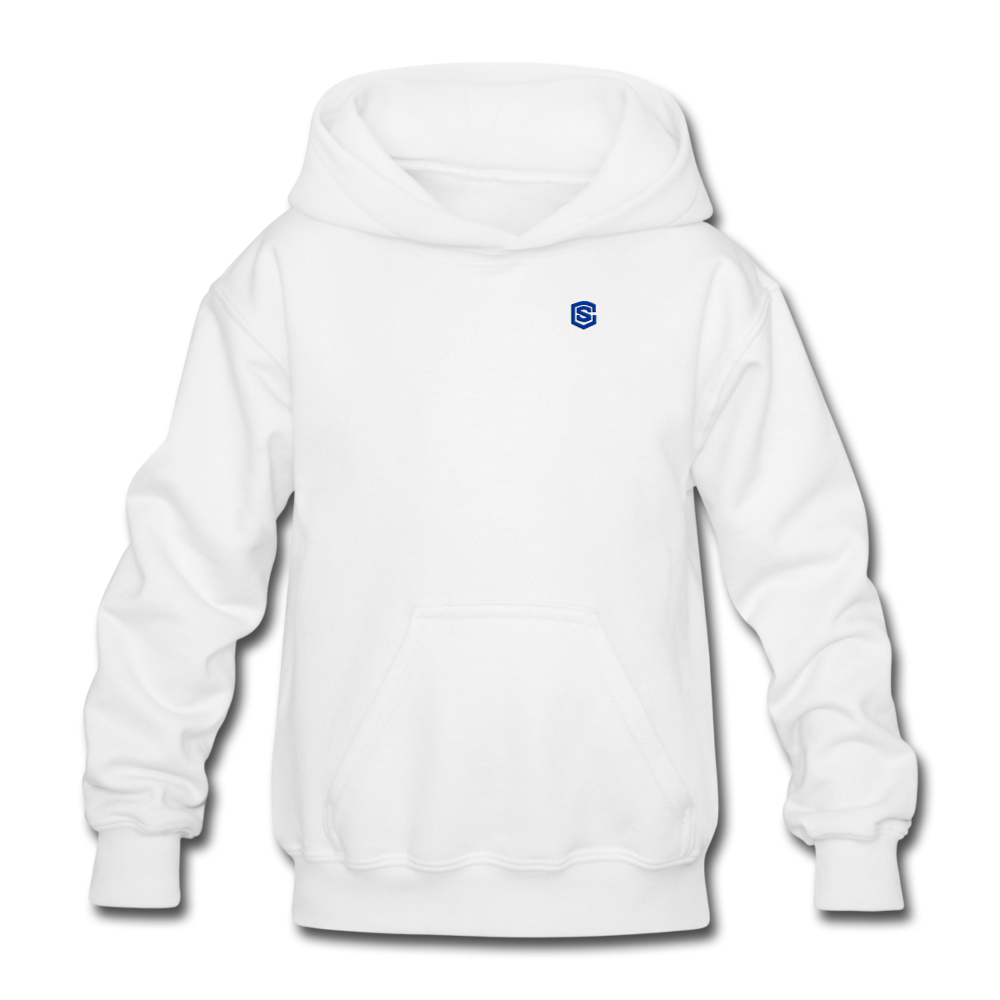 Gildan Heavy Blend Youth Hoodie  WITH  BLUE LOGO - white