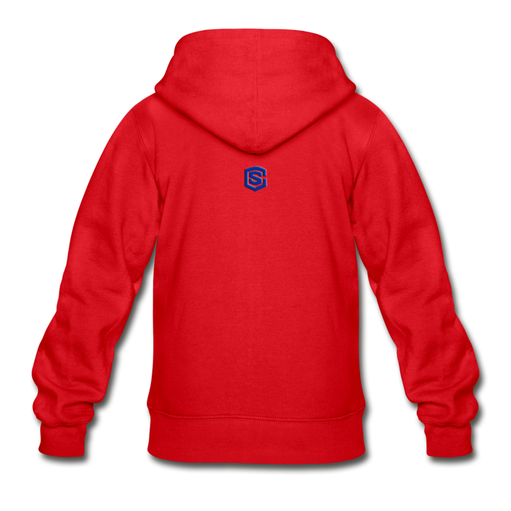 Gildan Heavy Blend Youth Zip Hoodie  WITH BLUE  LOGO - red