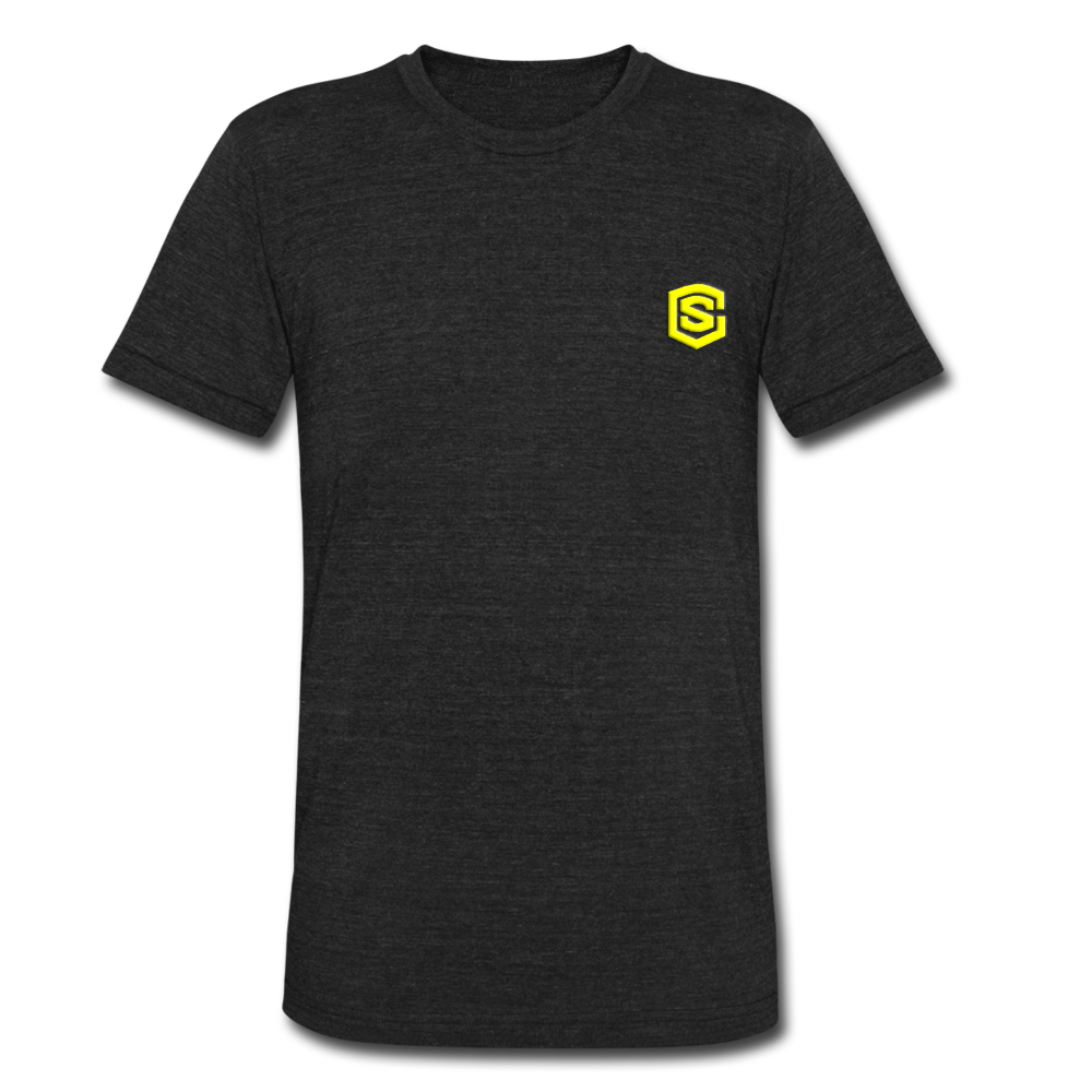 Unisex Tri-Blend T-Shirt WITH YELLOW LOGO - heather black
