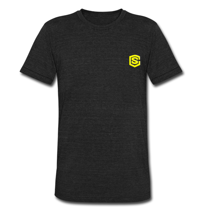 Unisex Tri-Blend T-Shirt WITH YELLOW LOGO - heather black