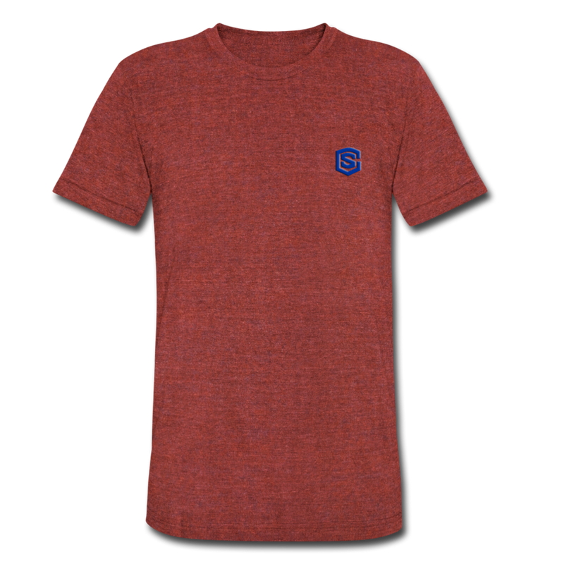 Unisex Tri-Blend T-Shirt WITH BLUE LOGO - heather cranberry